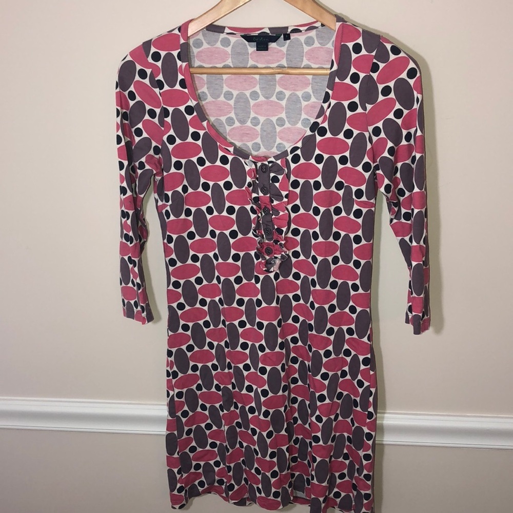 Boden Printed Ruffle Tunic Dress Pink Gray 4